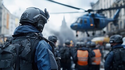 Medical and security evacuation. Police officers in tactical gear monitor a scene with a helicopter above in an urban environment.
