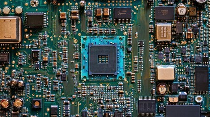 A detailed close-up of a central processing unit (CPU) on a circuit board, with blue and green PCB traces, surrounded by transistors and other electronic components.