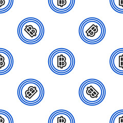 Line Cryptocurrency coin Bitcoin icon isolated seamless pattern on white background. Blockchain technology, bitcoin, digital money market, cryptocoin wallet. Colorful outline concept. Vector