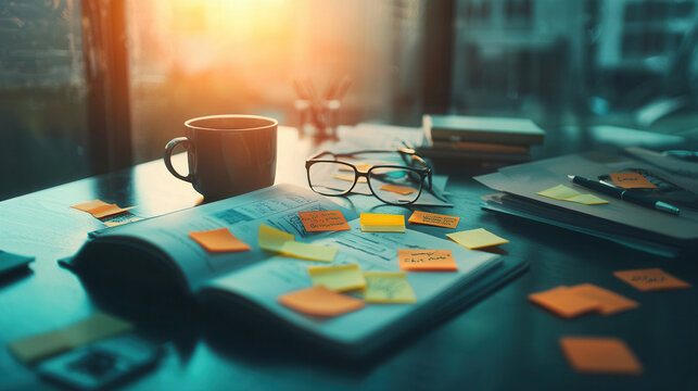 modern office workspace with coffee cup, glasses, and sticky notes scattered on planner, creating organized yet creative atmosphere