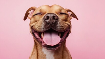 Obraz premium Joyful Dog Portrait: A Happy Canine Against a Pink Background