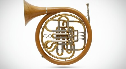 Unique wooden french horn with brass tubing and key mechanism on white background