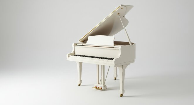 Elegant white grand piano with open lid on minimalist background
