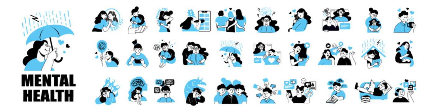 Mental health and psychology concept illustration set.