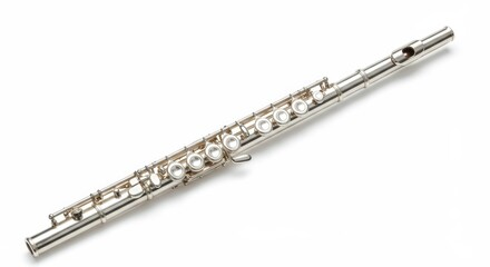 Obraz premium Silver flute isolated on white background with detailed keys and holes