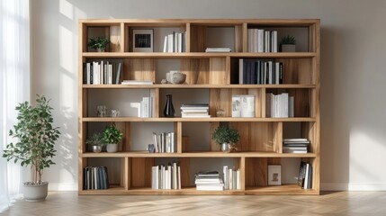 Fototapeta premium A Scandinavian-style wooden bookcase with a minimalist design, filled with books, plants, and decorative items in a bright interior
