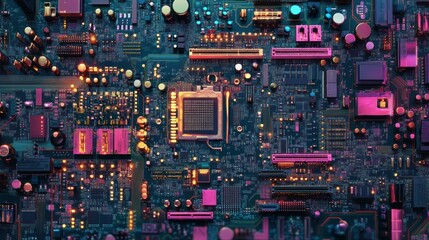 Fototapeta premium A high-resolution close-up of a central processing unit (CPU) on a motherboard, with visible gold pins, colorful components, and intricate wiring patterns
