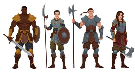 Diverse fantasy warriors in armor with weapons illustrating strength and unity