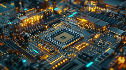 Obraz premium A high-resolution close-up of a central processing unit (CPU) on a motherboard, with visible gold pins, colorful components, and intricate wiring patterns