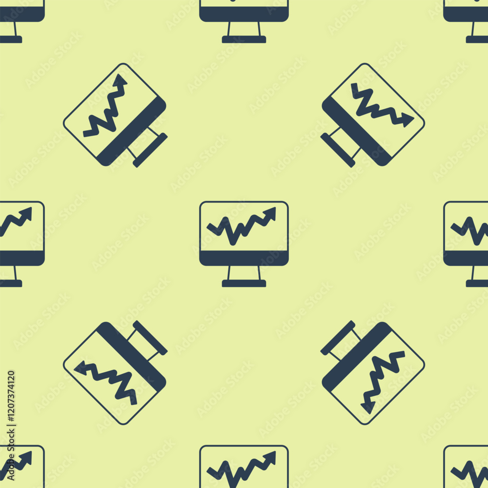 Poster blue computer monitor with graph chart icon isolated seamless pattern on yellow background. report t