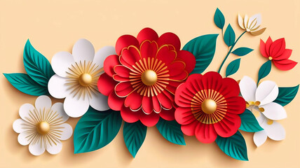 Illustration of paper flower with asian ornament, Happy Lunar New Year, traditional asian festival