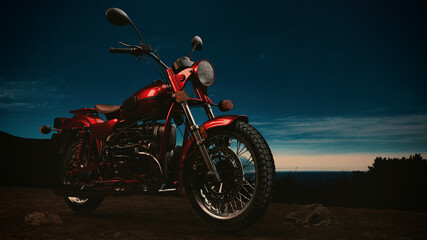 Vintage Motorcycle Under Night Sky – 3D Rendering Illustration..