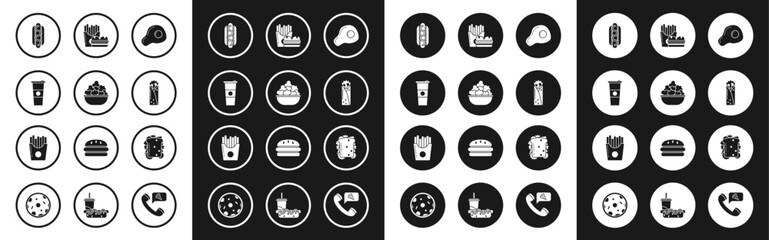 Set Scrambled eggs, Popcorn in bowl, Paper glass and water, Hotdog sandwich with mustard, Doner kebab, Burger french fries carton package box, Sandwich and Potatoes icon. Vector