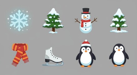 Winter holiday icons: snowman, penguin, ice skate, snowflake, scarf, tree set