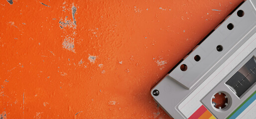 Minimalist Cassette Tape on Textured Orange Surface – 3D Rendering Illustration..