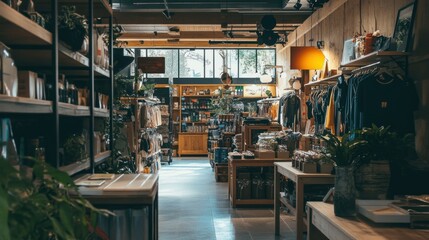 A lively interior of a lifestyle store with a variety of goods, including trendy clothing, home accessories, and eco-friendly products, under soft, natural lighting