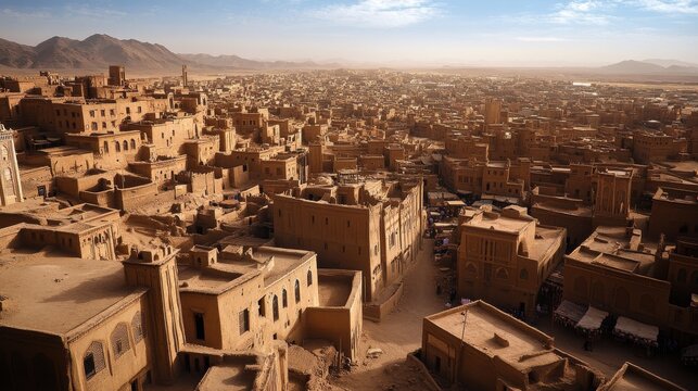 Night ancient arab city in desert cartoon landscape. Dark old arabian building in Egypt town. Muslim village with traditional market cityscape. East architecture in oasis panorama illustration.