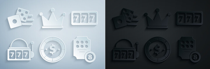 Set Casino chip with dollar, Slot machine lucky sevens jackpot, Online slot, Crown and Game dice icon. Vector