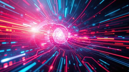 A vibrant digital background in futuristic sci-fi style, featuring bright lens flares, light streaks, and space elements. The aesthetic is one of advanced technology
