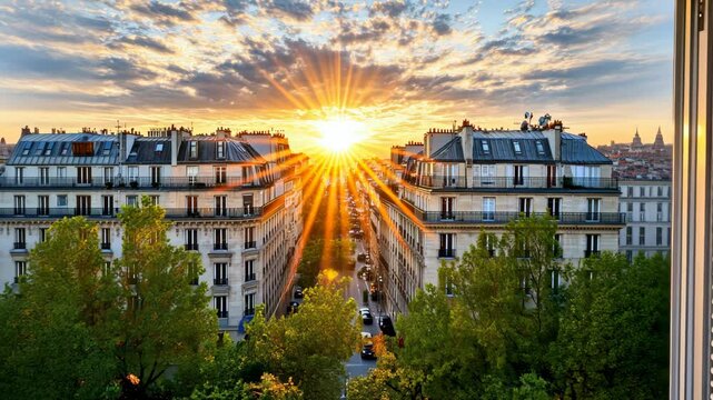 Stunning Sunrise in Paris Cityscape of Illuminated Buildings and Trees Under Sunlight