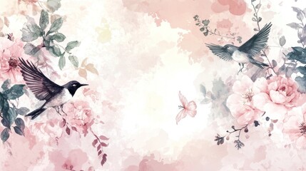 Birds flying among roses, watercolor, pastel background, wall art