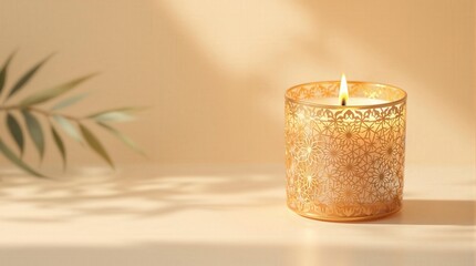 Elegant burning candle in a gold patterned container. Perfect for home decor, spa, relaxation, or luxury product photography. Clean, minimalist background