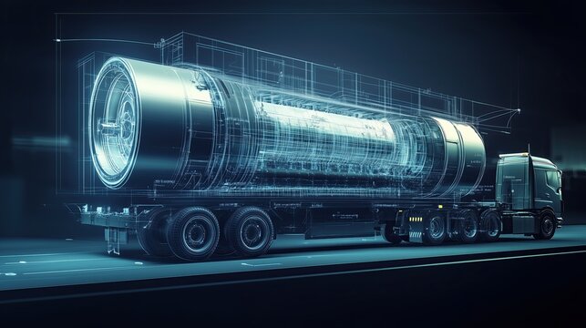 Small modular reactors. Cross-section diagram of SMR transportation, reactor module on specialized truck, future of nuclear energy concept, illustration