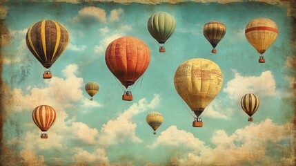 Obraz premium Vintage style poster of hot air balloon festival with colorful balloons and clear sky. Vintage style illustration.