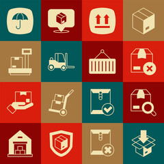 Set Carton cardboard box, Search package, This side up, Forklift truck, Scale with, Delivery umbrella and Container crane icon. Vector