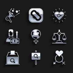 Set Feminism in the world, Feminist activist, Gender, equality, Female vote right, Money growth woman, and icon. Vector