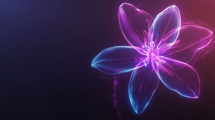 Obraz premium A radiant neon flower featuring electric purple and cyan petals, with intricate glowing details and a soft light aura, set against a dark gradient background.