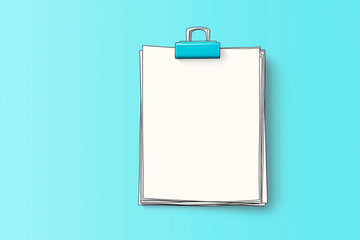 Blank Papers and Binder Clip on Light Blue Background