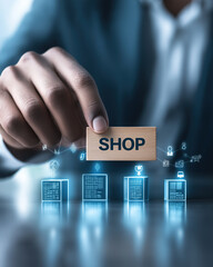 person holding a wooden block with the word shop written on it 