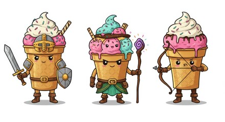 Cute ice cream characters as fantasy warriors, wizards, and archers