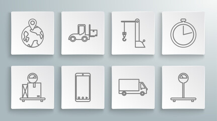 Set line Scale with cardboard box, Forklift truck, Mobile phone app delivery tracking, Delivery cargo vehicle, Harbor port crane, Stopwatch and Worldwide icon. Vector