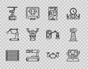 Set line Printed circuit board PCB, Wireless Controlling CCTV security camera, Drone delivery concept, flying with action and Antenna icon. Vector