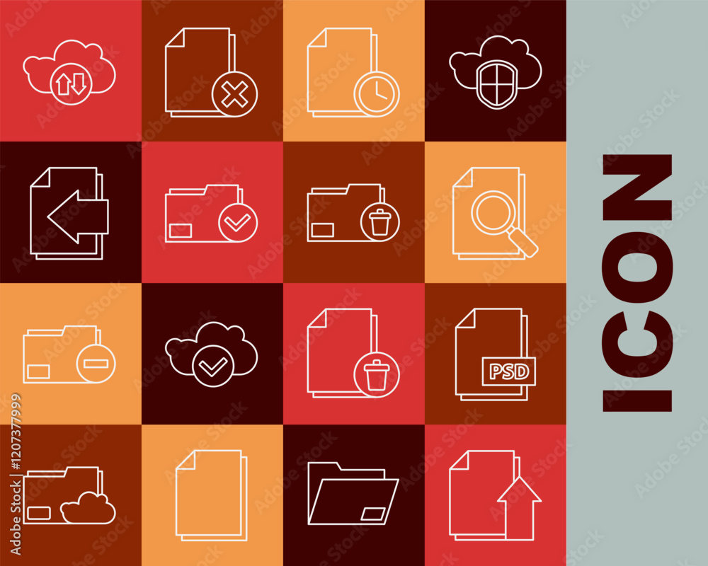 Poster set line upload file document, psd, document with search, clock, folder and check mark, next page ar