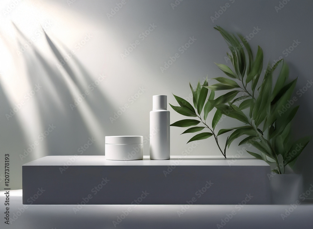 Poster Here's a description and keywords for the image:

Minimalist product display showcasing sleek white cosmetic containers and lush green foliage, bathed in soft, natural light against a clean white back