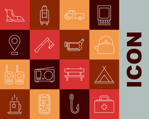 Set line First aid kit, Tourist tent, Kettle with handle, Pickup truck, Wooden axe, Location, Hiking boot and Cinema camera icon. Vector