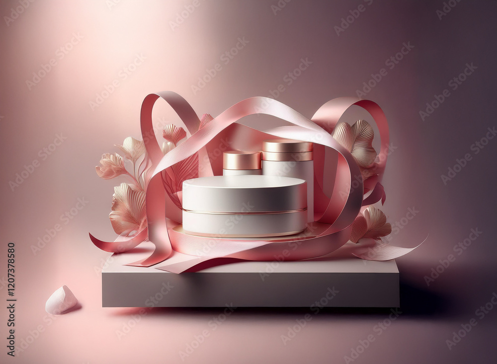 Aufkleber elegant skincare products displayed on a minimalist platform, adorned with blush pink ribbons and de