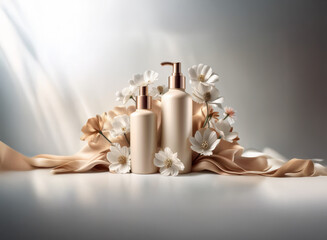 Elegant beige bottles with rose-gold pumps nestled amongst delicate silk fabric and blossoms, bathed in soft light.