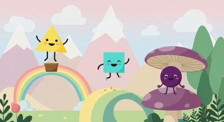 Obraz premium Cheerful geometric characters enjoy a colorful fantasy landscape