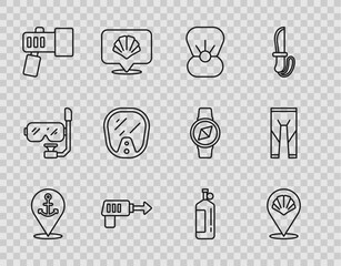 Set line Location with anchor, Scallop sea shell, Shell pearl, Fishing harpoon, Flashlight, Diving mask, Aqualung and Wetsuit icon. Vector