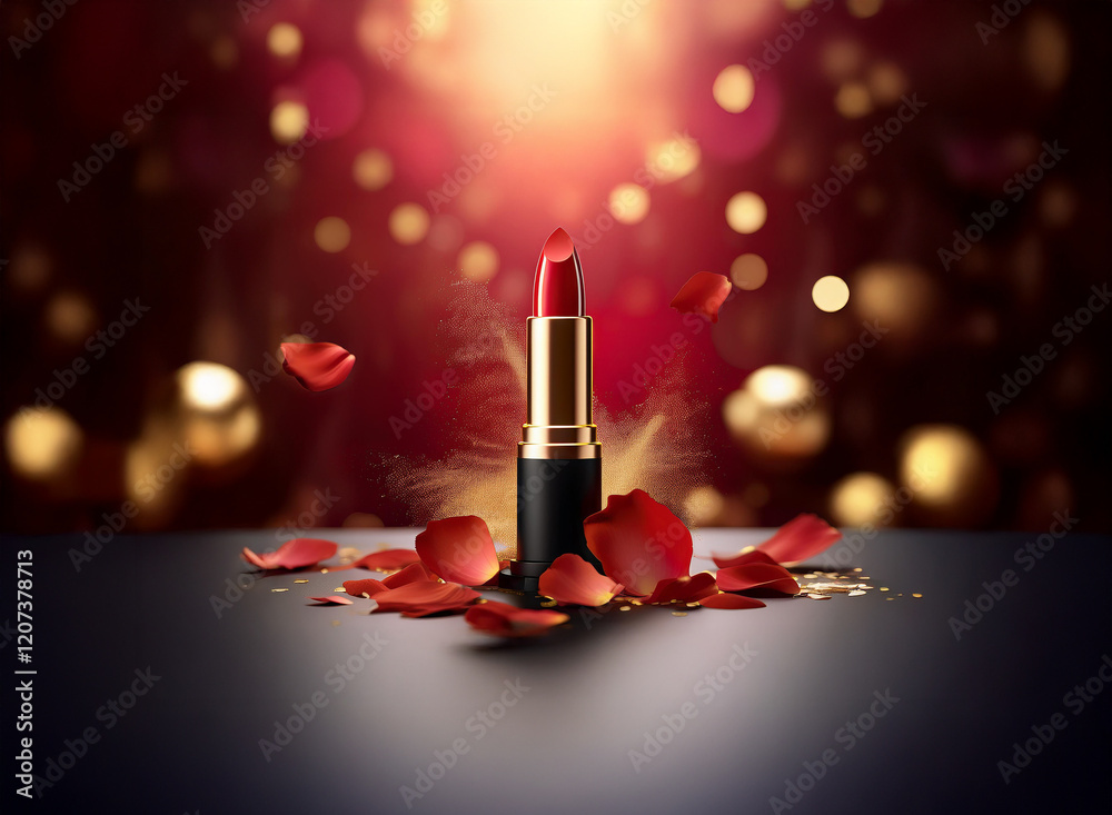 Poster A single red lipstick stands elegantly amidst scattered rose petals and a golden sparkle, creating a luxurious and romantic ambiance.  The scene is bathed in a rich, red and gold bokeh.