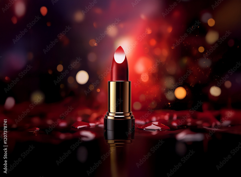Poster a single, vibrant red lipstick stands elegantly on a dark, reflective surface, surrounded by blurred