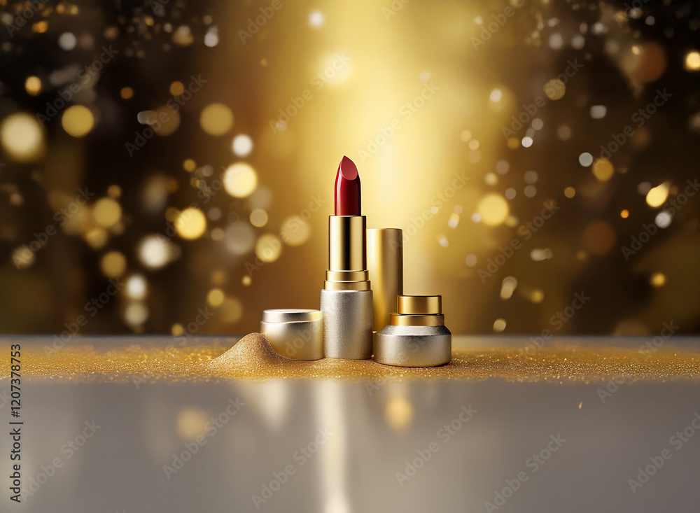 Poster red lipstick and gold cosmetic containers sit on gold glitter, creating a luxurious and glamorous im