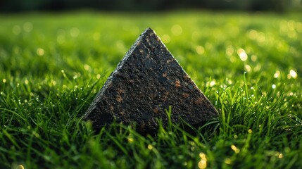 A triangular arrangement of black and brown stones on a vibrant green grass field, with morning dew droplets visible on the blades of grass.