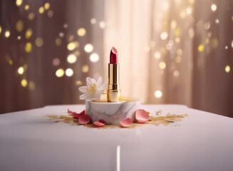 A luxurious red lipstick stands elegantly on a marble pedestal, adorned with delicate petals and a white flower, against a shimmering bokeh background.  The scene evokes a feeling of glamour and sophi © YiuCheung