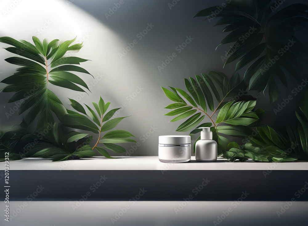 Poster a minimalist product display showcases sleek, white cosmetic containers on a shelf, bathed in soft l