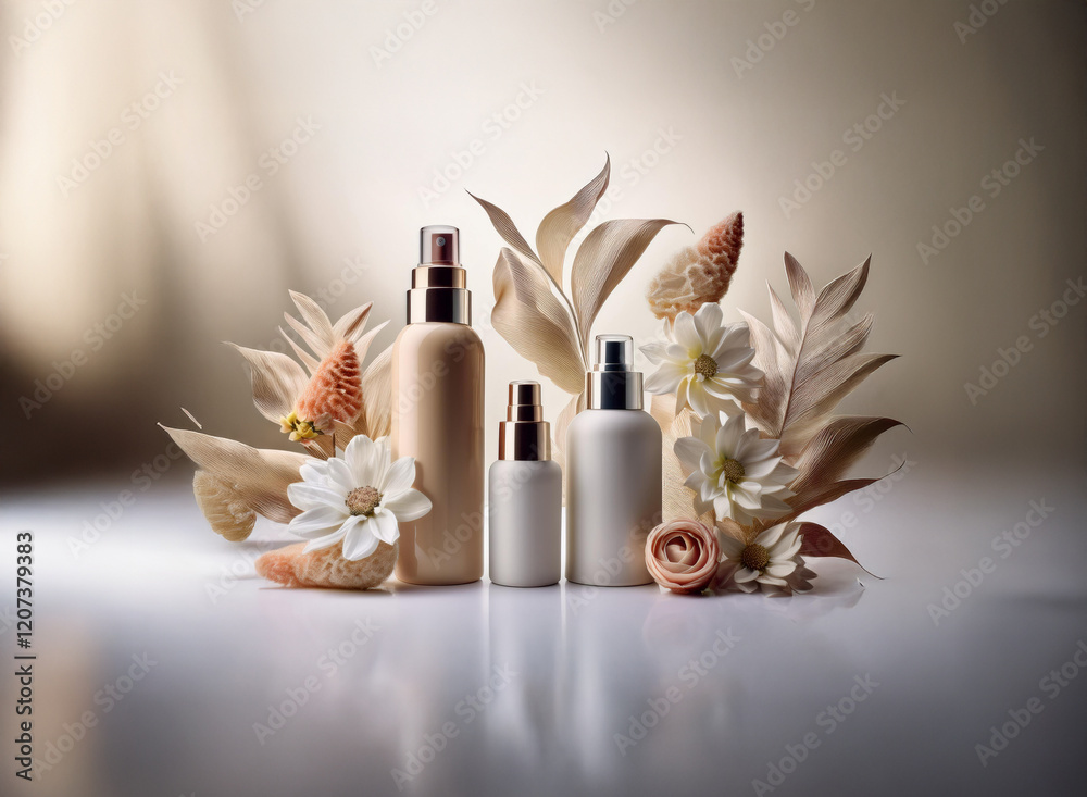 Poster elegant skincare products displayed with delicate flowers and leaves, creating a serene and luxuriou